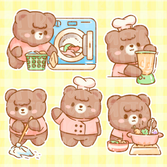 Cooking & Cleaning Bear - Hand drawn cute digital character